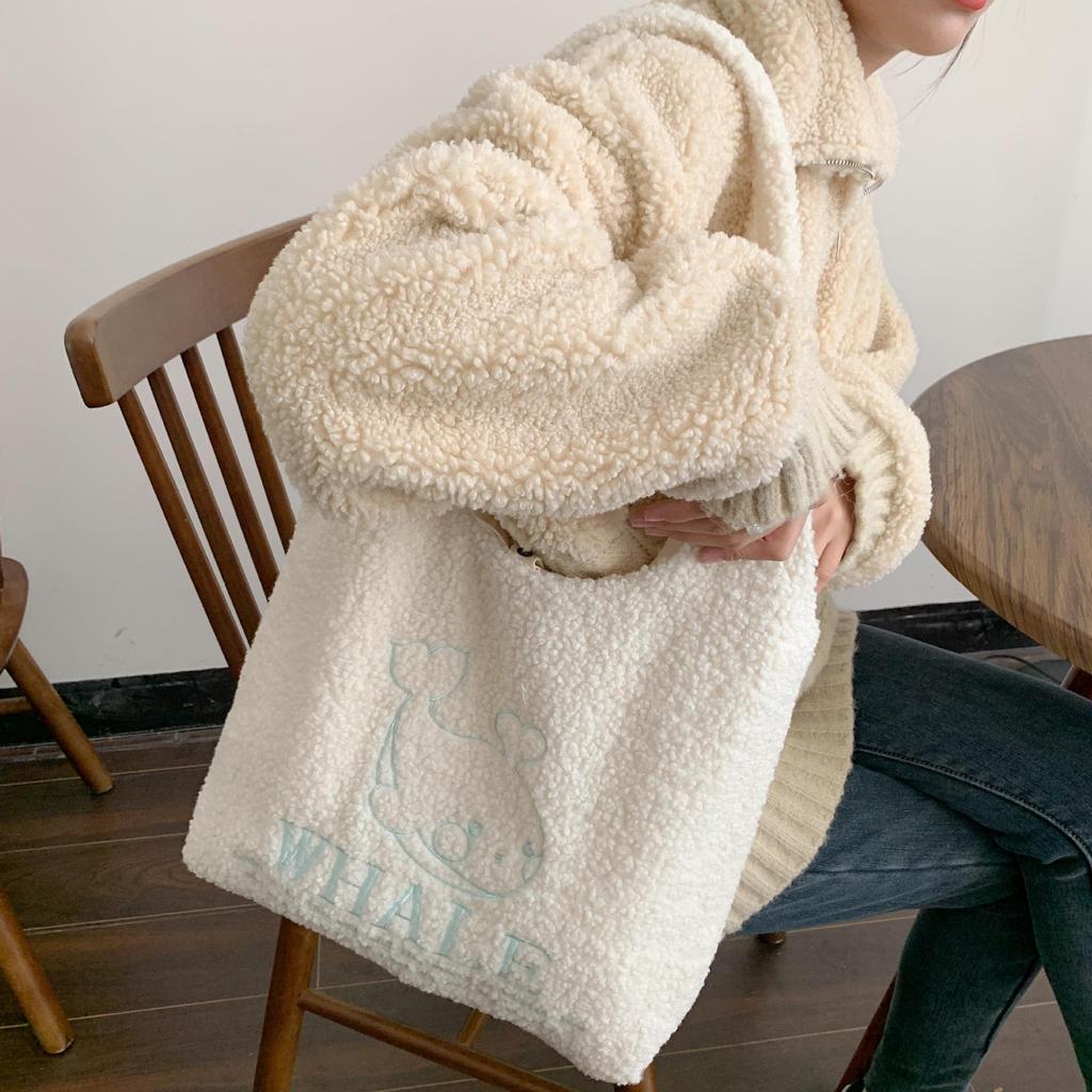Autumn Winter Cute Girl Plush Vest Bag Sweet Student Embroidery One Shoulder Tote Bag