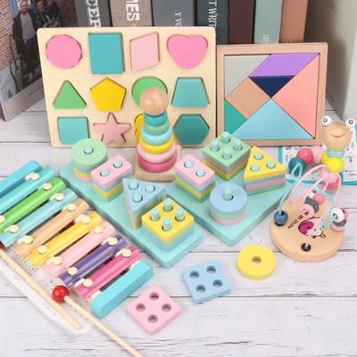 Hot Kids Montessori Holzspielzeug Macaron Blöcke Lernspielzeug Baby Musik Rasseln Grafik Bunte Holzblöcke Lernspielzeug