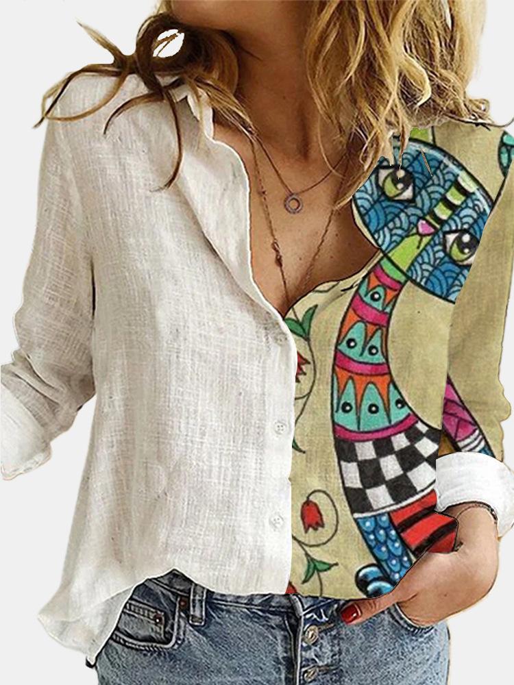 Fashion Stitching Retro Face Print Long Sleeve Blouse Women Lapel Button Casual Top Lady Shirts