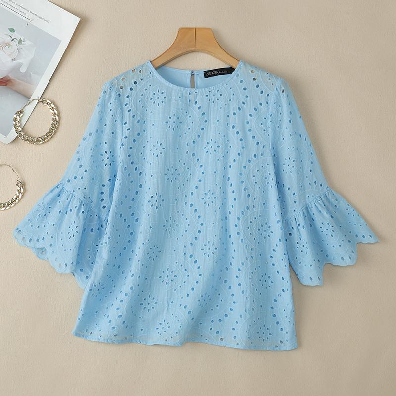 ZANZEA Women Casual O-neck Hollow Out Lace Patchwork 3/4 Sleeve Blouse