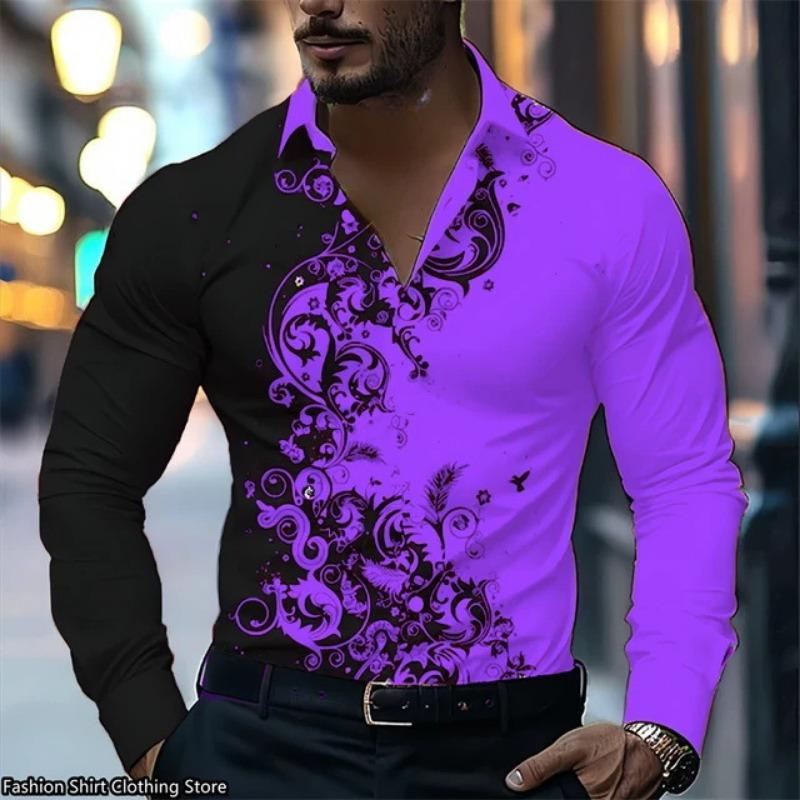 Men S Long Sleeve Button Down Colour Block 3d Printed Casual Shirt