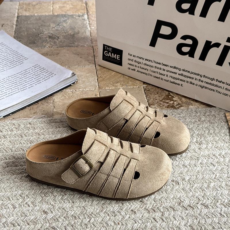 Cowhide version~ Genuine leather women's flat-bottomed retro baotou half slippers women's summer wear pig cage sandals