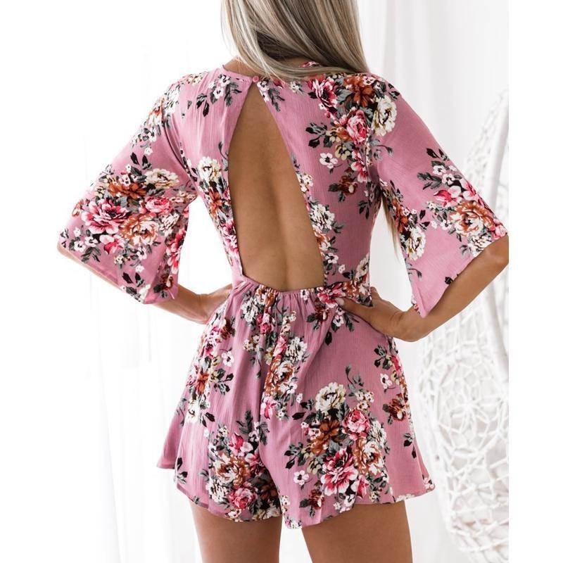 Elegante Tuta da Donna con Stampa Floreale Senza Schiena per Look Estivi Chic