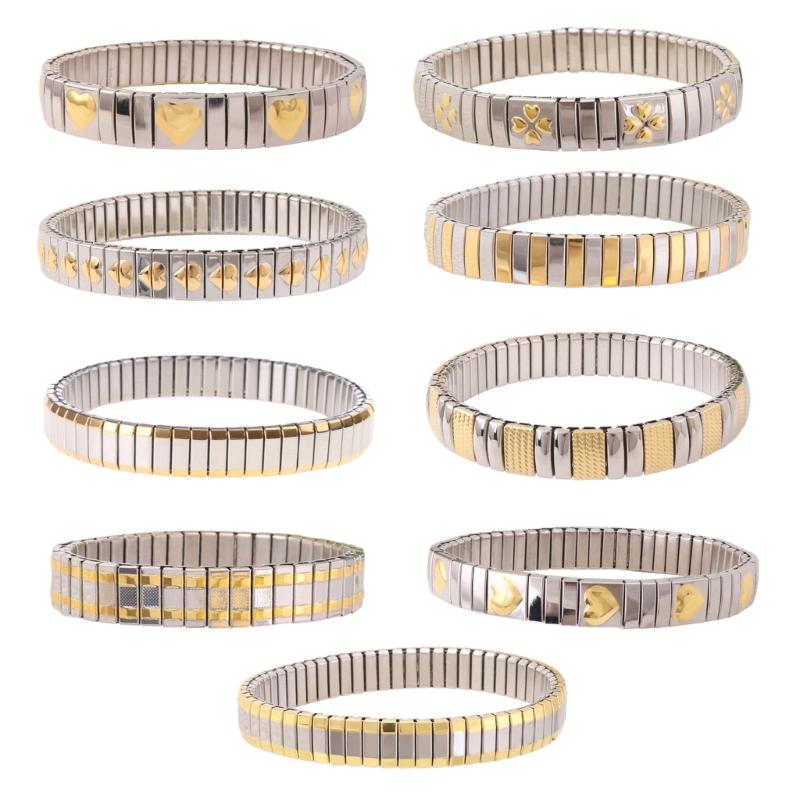 Jewelry Stainless Steel Stretch Bracelet for Women, Flexible Wide Wristband Bangle Bracelets Decorated Golden Pattern
