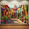 2D Fiesta Town Tapestry, Colorful Mexican Street with Cactus Wall Hanging