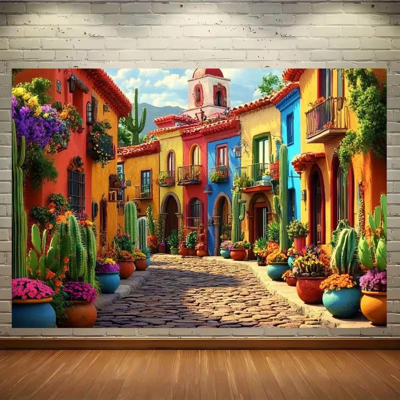 

2D Fiesta Town Tapestry, Colorful Mexican Street with Cactus Wall Hanging 47.2x31.5inch/120*80cm