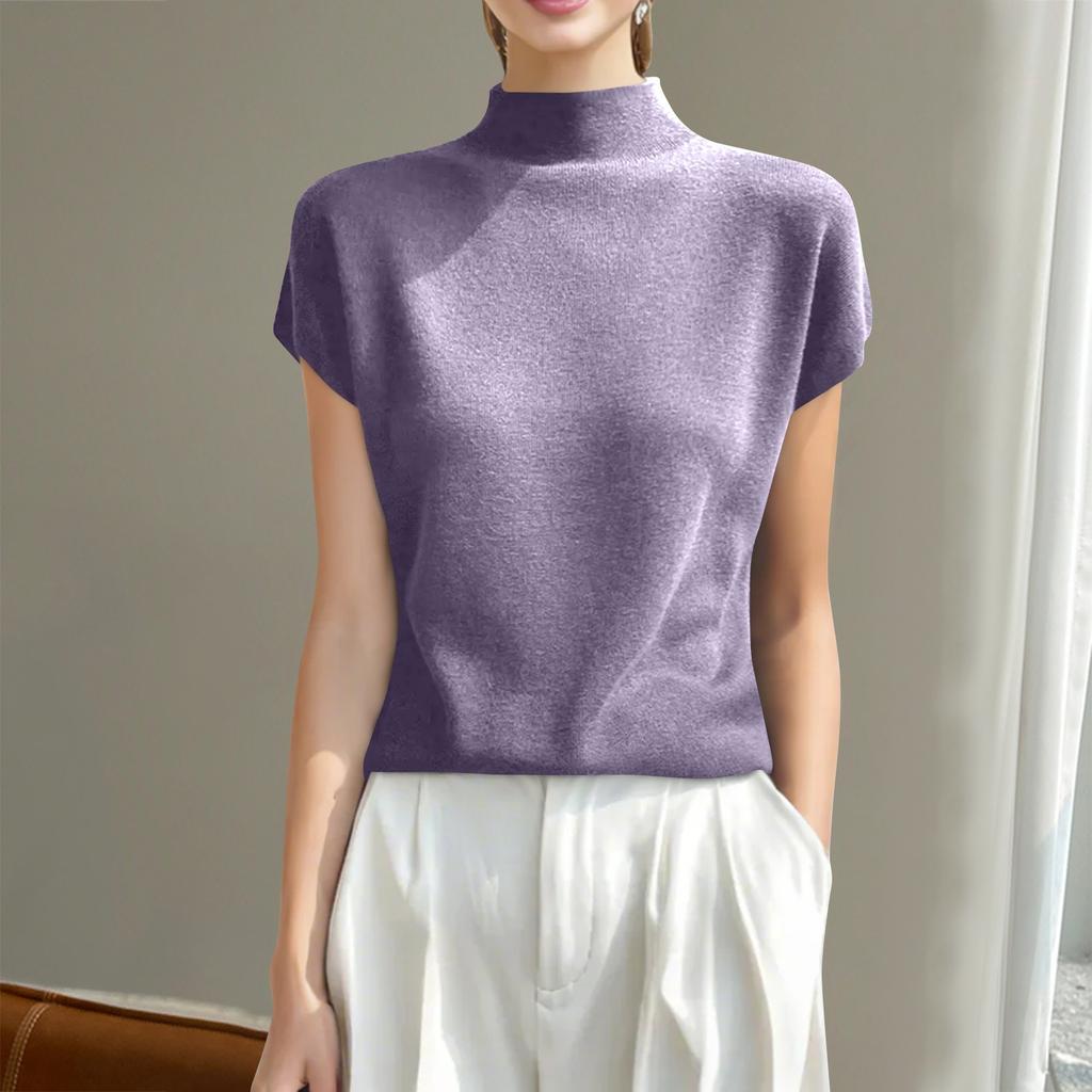Fashion Knit Short Sleeve Half High Neck T-Shirt For Women