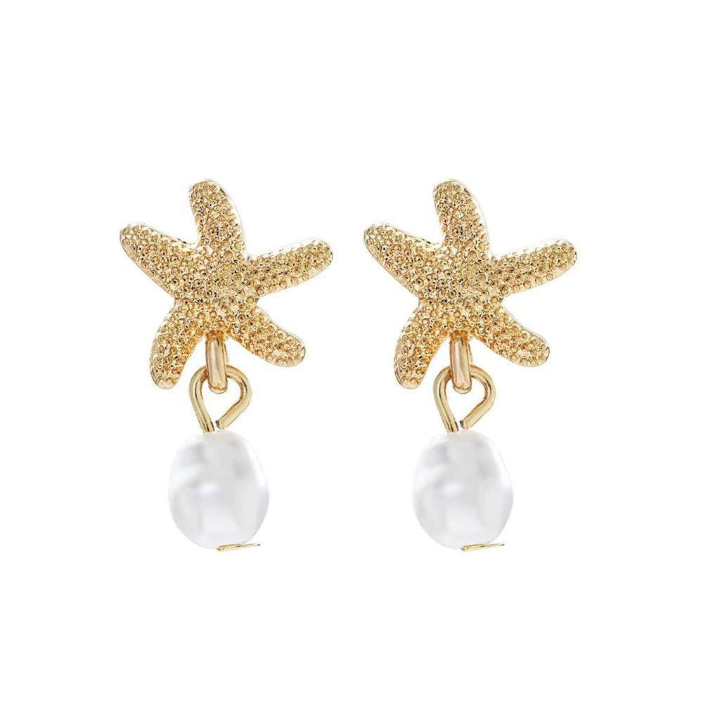 Literary Ocean Style Starfish Stud Earrings For Women Alloy High-Quality Imitation Pearl Drop Beach Jewelry