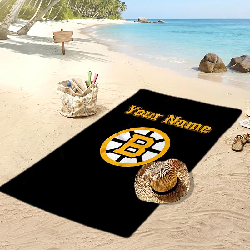 Boston Bruins Custom Beach Towel, Print Your Name Text Lightweight Absorbent Towel for Swimming Travel
