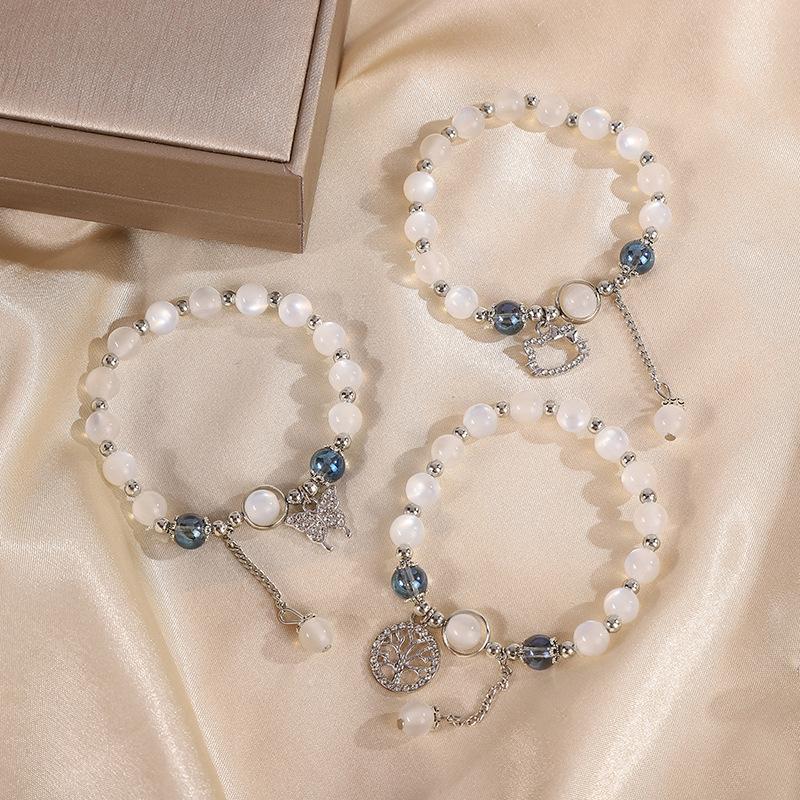 Beaded Bracelet Cat Eye Stone Butterfly Charm Pendent Light Luxury Handmade Stretch Bracelet For Girl Birthday Gift