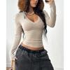 Fashion Women's Flared Cuff V-neck Top, Ribbed Knit Form-fitting Crop Top, Versatile Casual Top for Spring & Fall Outfits