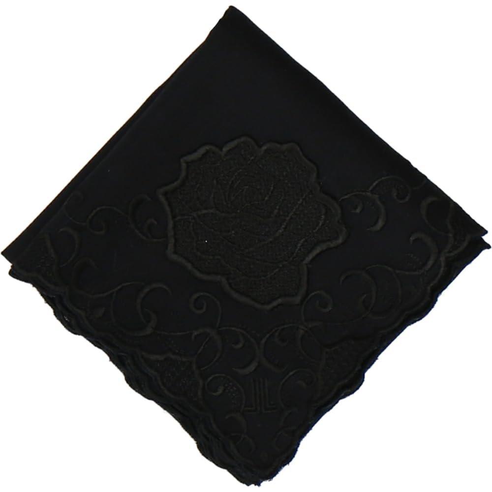 LANVIN COLLECTION Elegant Rose Embroidery Handkerchief for Women - 46x46cm Black Cotton Pocket Square for Formal and Casual Occasions