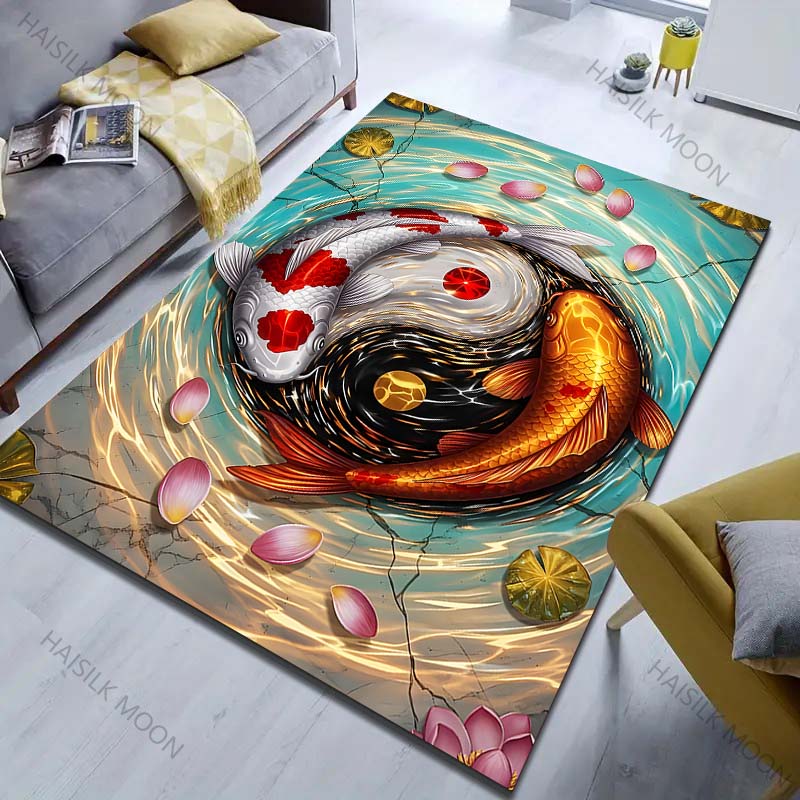 1PC Koi Yin-Yang Design Carpet for Living Room Bedroom Sofa Home Decor Rus Non-slip Floor Mat Luxury Gift