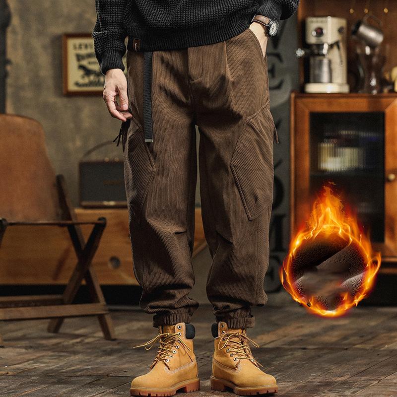 2025 Autunno/Inverno Nuovi Pantaloni Casual Retrò Americani Pesanti Da Uomo Con Velluto Spesso E Tasche Multiple, Leggings Workwear