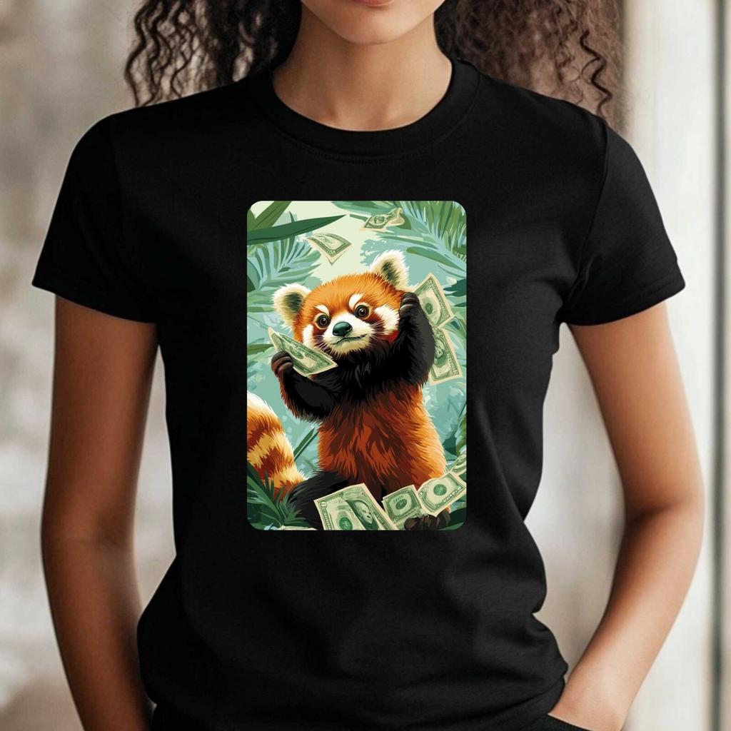 T-Shirt Frauen Lustiger Roter Panda Klaut Geld Motiv Baumwolle Größe XS bis 3XLWird in neuem Fenster oder Tab geöffnet