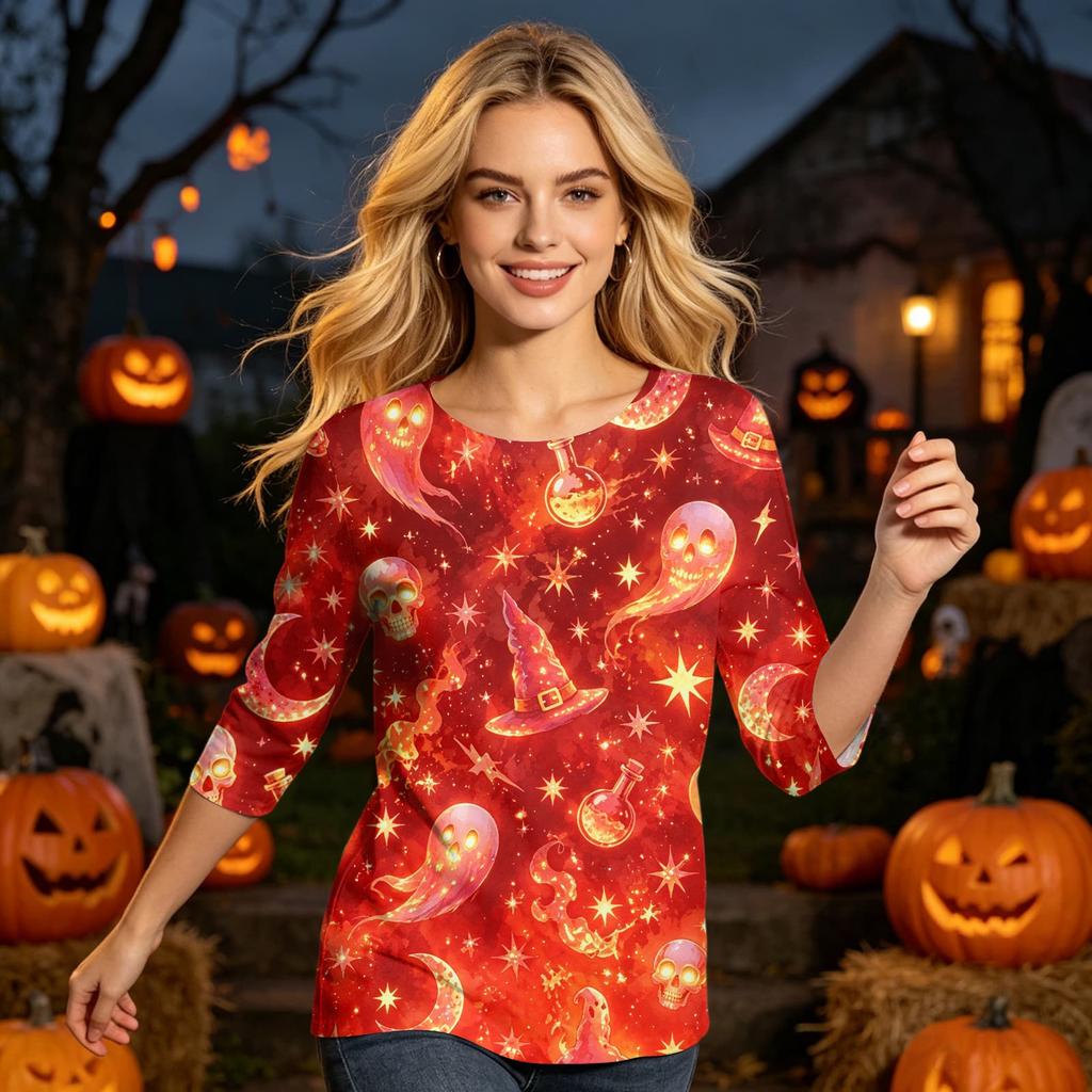 Womens Casual Halloween Print Round Neck Top Three Quarter Sleeve Lightweight Blouse for Seasonal Wear