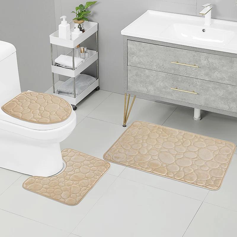 3PCS Solid Color Simple Bathroom Water-absorbing and Non-slip Floor Mat Stone Pattern, Comfortable and Soft, Three-piece Set
