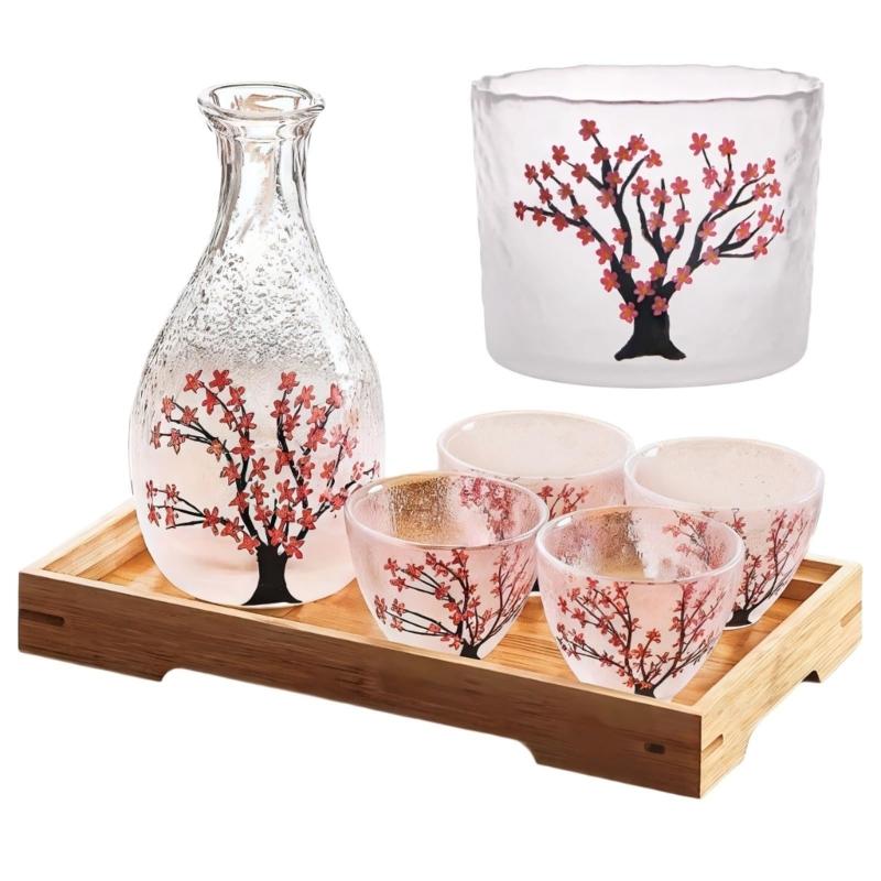 Elegant Japanese Flower Glass Sake Bottle Set Includes 1 Carafe And 4 Matching Cups with 1 Tank For Traditional Drinking