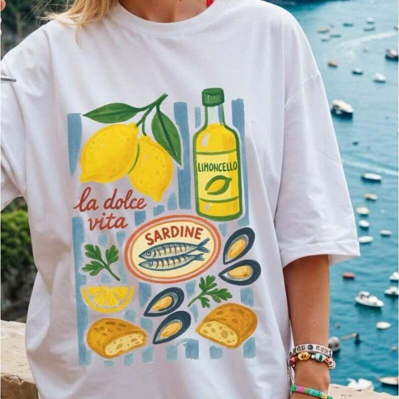 2026 American Retro Cotton Summer Beach Lemon Ocean Sardine Pattern Spicy Girl Y2K Womens Roundneck Tshirt S
