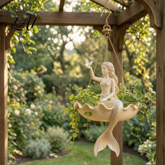 Garden Landscaping Accessories Fairy Ballet Dancer Mermaid Hanging Planter Resin Decorative Flower Pot with Metal Chain Hand Carved Planter Outdoor
