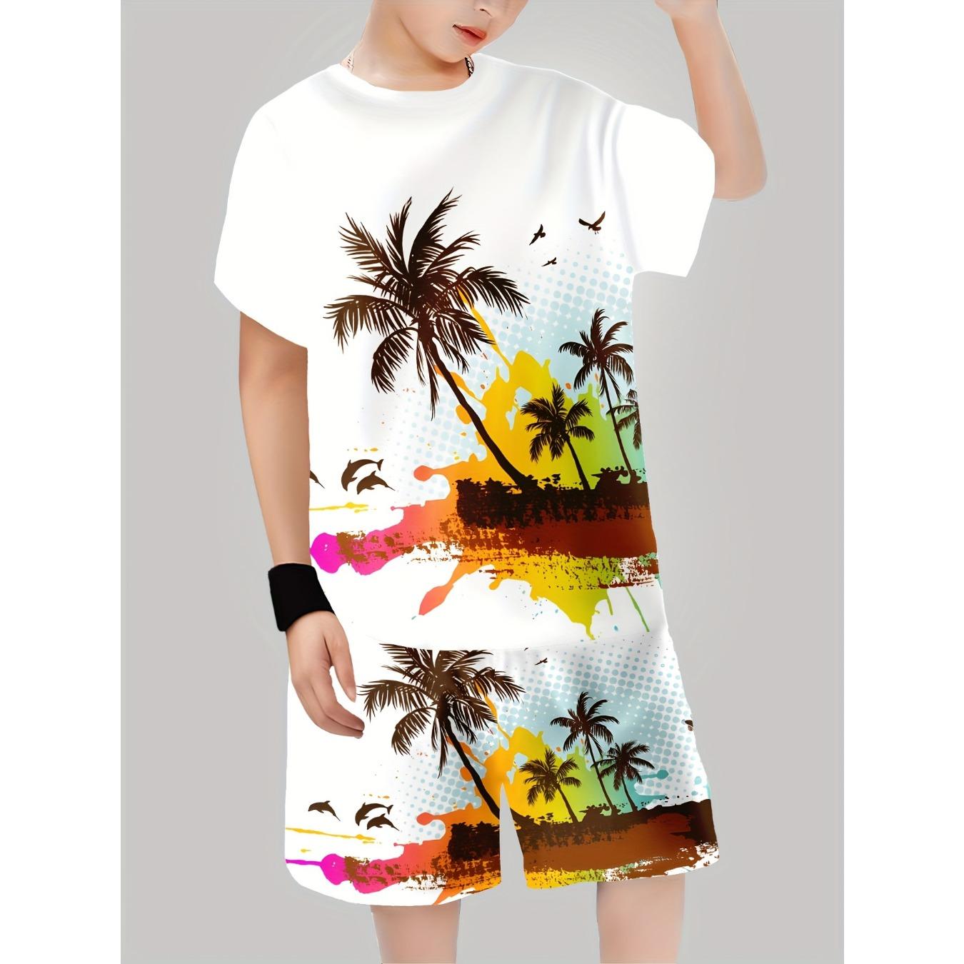 Fashionable 3D digital printed boys set, short sleeved top and shorts, teenagers 5-6Y