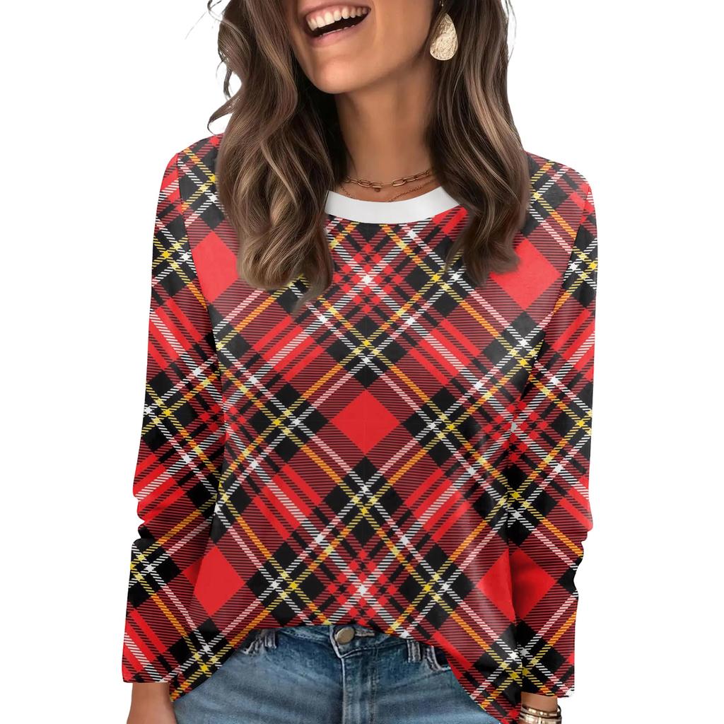 Ladies' Plaid Printed Fashionable Casual Round Neck Long Sleeved Round Neck Top
