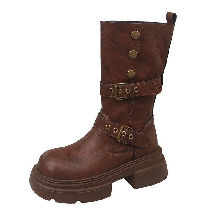 Cowhide version boots women's short boots 2025 new autumn super fire retro handsome thick heel fried street British style thin boots