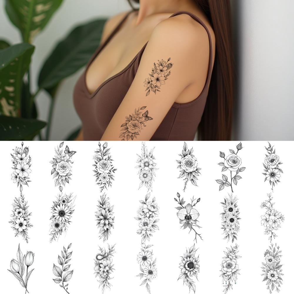 9 Piezas Tatuaje Temporal Impermeable Duradero Pegatinas Corporales Mariposa Con Flores Ramo De Flores Arreglo Floral Para