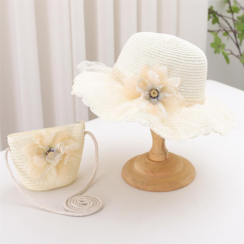 Baby Mädchen 2-teiliges Strohhut und Schultertaschen-Set Sommer Blumen Strand Eimerhut Breite Krempe Sonnenschutz Urlaubsoutfit Accessoire