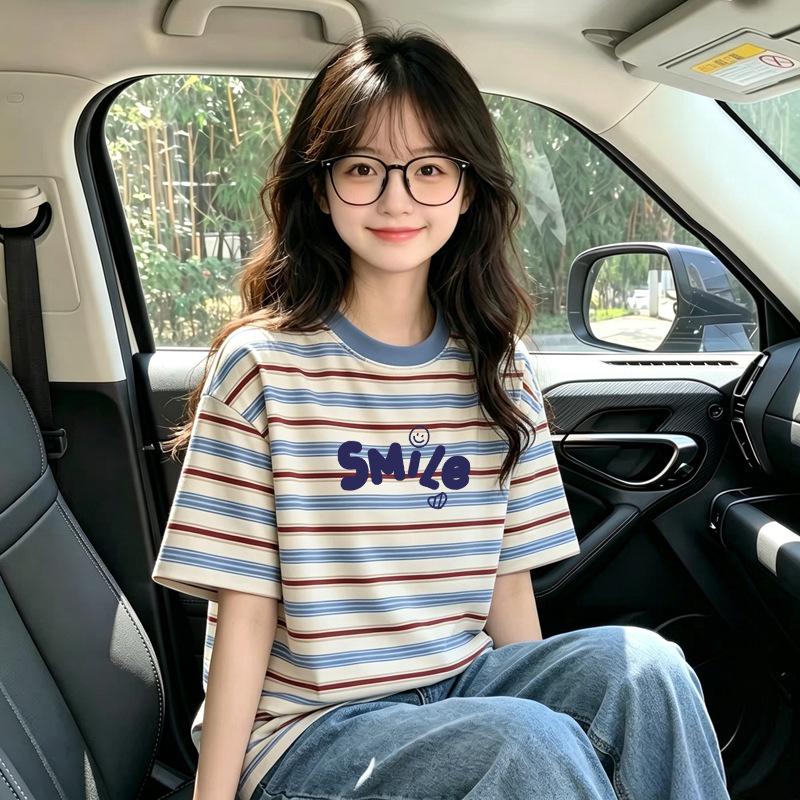 Korean Style Girls' Striped Short-Sleeve T-Shirt, Summer Fashion for Ages 6-12, Loose Fit Versatile Top