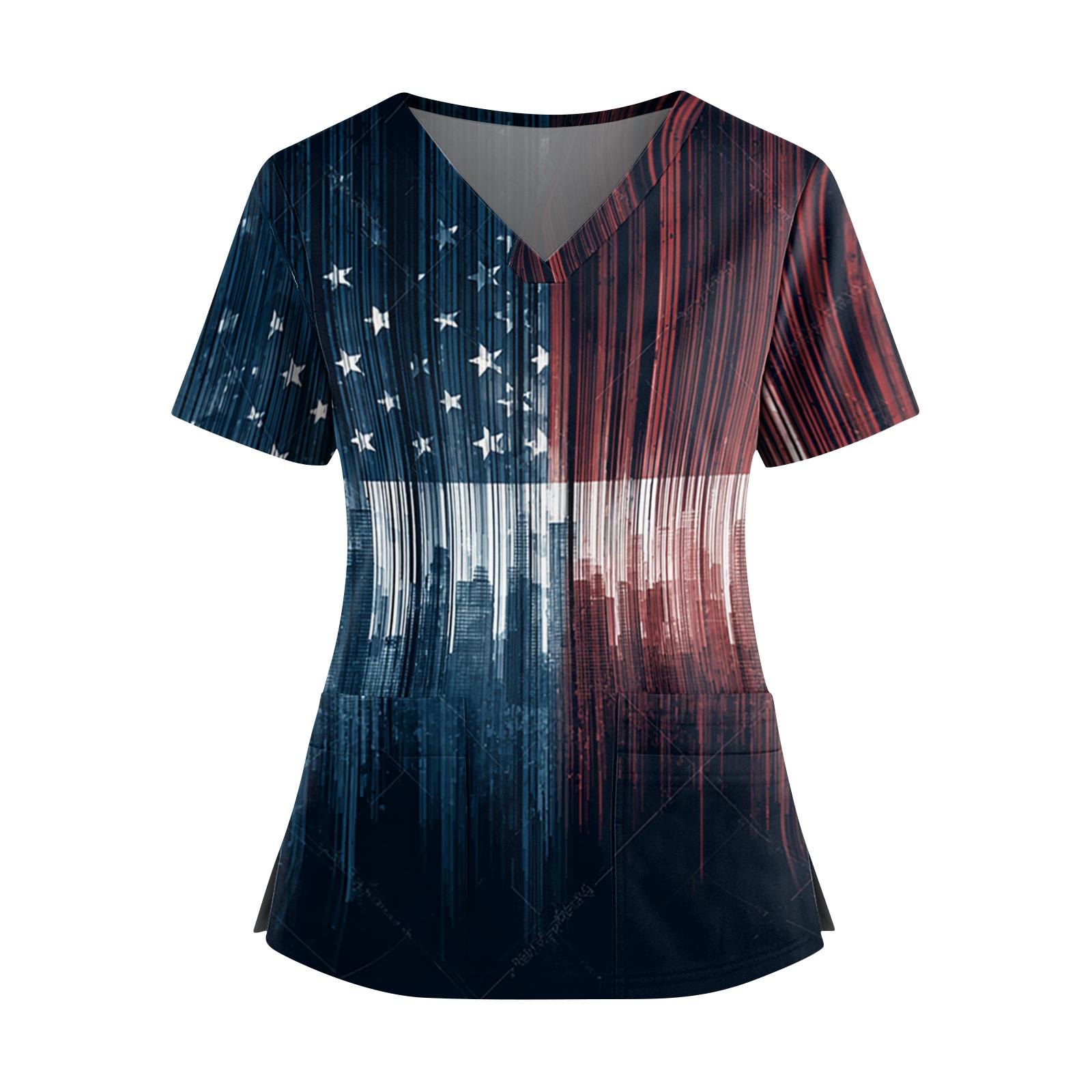 

Women s Independence Day Print V-Neck Double Pocket Short Sleeve Uniform with Slit Hem - Caregiver Top L чёрный