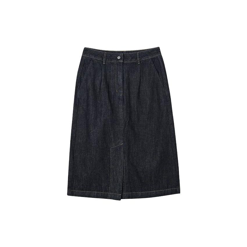 Skechers Solid A-Line Casual Denim Long Skirt Women skirts Dark-Blue L323W049-03EW S