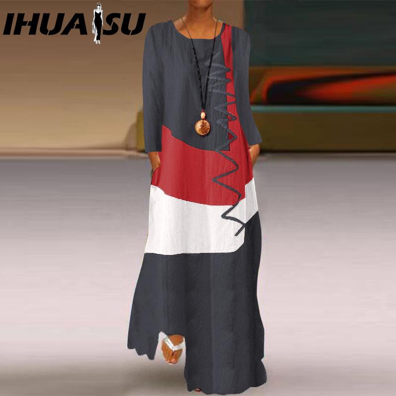 

IHUASU Женская мода Осень Зима Платья с длинным рукавом и круглым вырезом в повседневном стиле XXXXXL серый