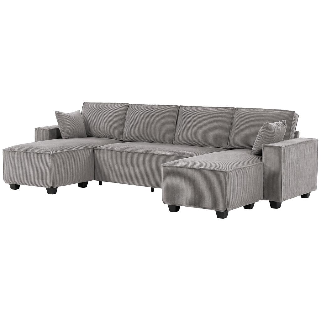 Corner Sofa with Double Chaise Lounges, U-Shaped Sofa Made of Corduroy Fabric with Wide and Deep Seat, Spring Cushions, Light Grey
