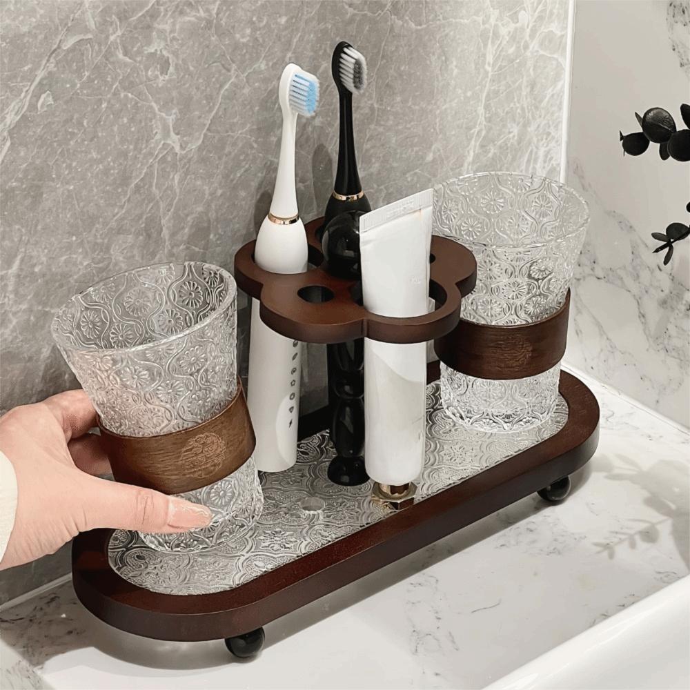 Vintage Toothbrush Holder Flower Design Bathroom Storage Rack Mouthwash Cup Shelf Toiletries