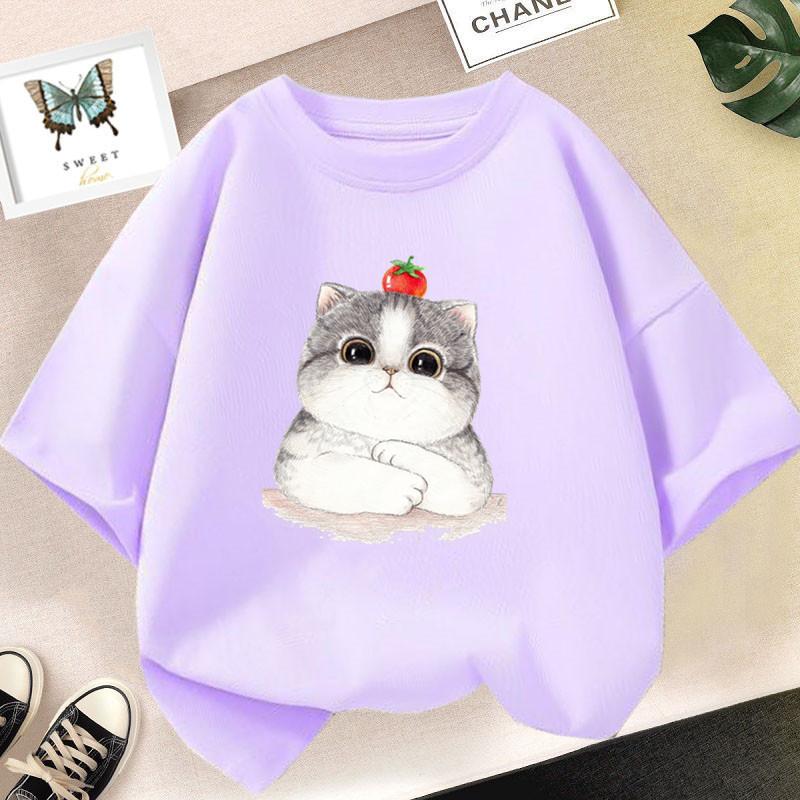 Girls Clothes 2025 Summer Fashion T-Shirt Fun And Cute Cat  Print Short-Sleeved Tops Children Summer Clothes