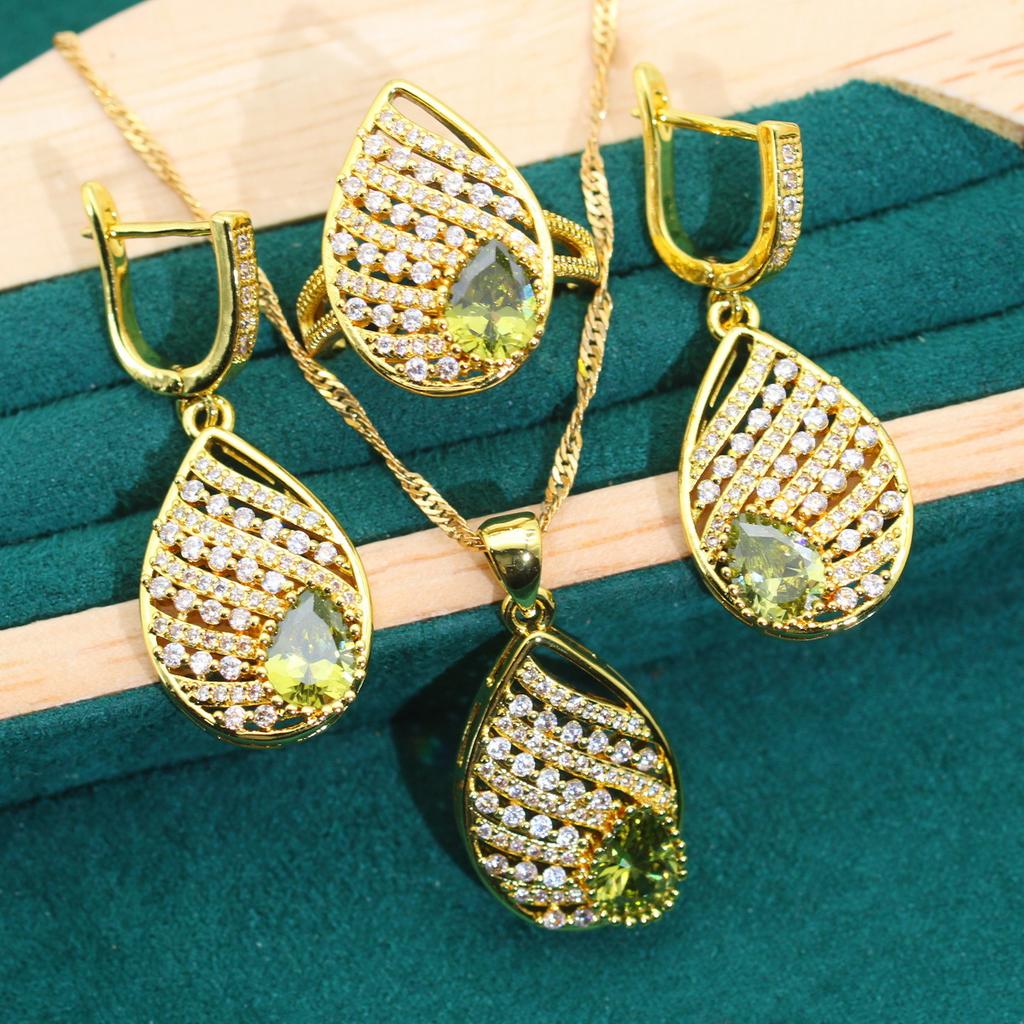 Europe and The United States Set Micro-green Jewelry Anti Allergic Zircon Necklace Earrings Earrings Ring Jewelry Set