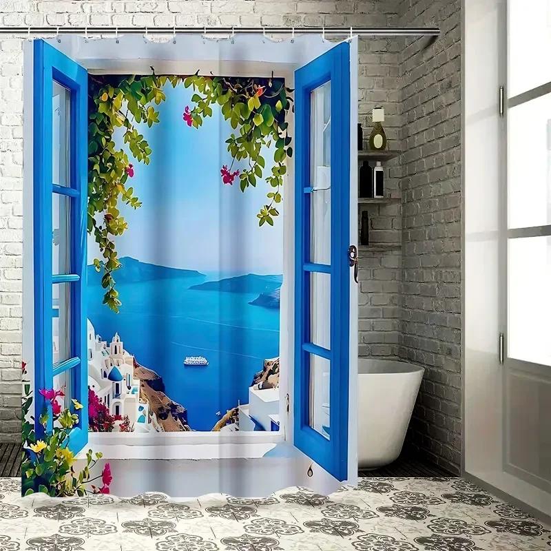 

Scenic Blue Window Shower Curtain Mediterranean View Waterproof Heat Resistant Machine Washable Home Decor Complimentary Hook W60H190(CM)-1 Pcs