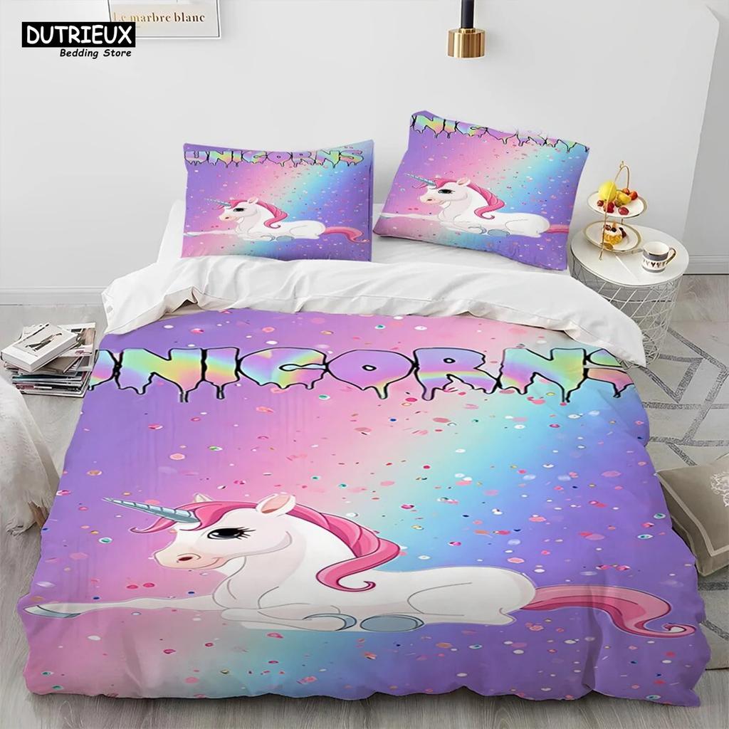 Einhorn Niedlich Cartoon Bettdecke Bettwäsche Set,Bettbezug Bett Set Bettdeckenbezug Kissenbezug,Queen Bettwäsche Set