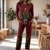 Women's Casual Pajama Set with Round Neck Long Sleeve and Wide Leg Pants for Sleep