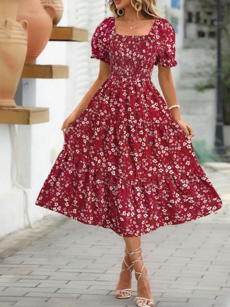 Women's Floral Print Square Neck Short Sleeve Summer Dress,Loose A-Line Swing Dress,Casual Elegant Dress