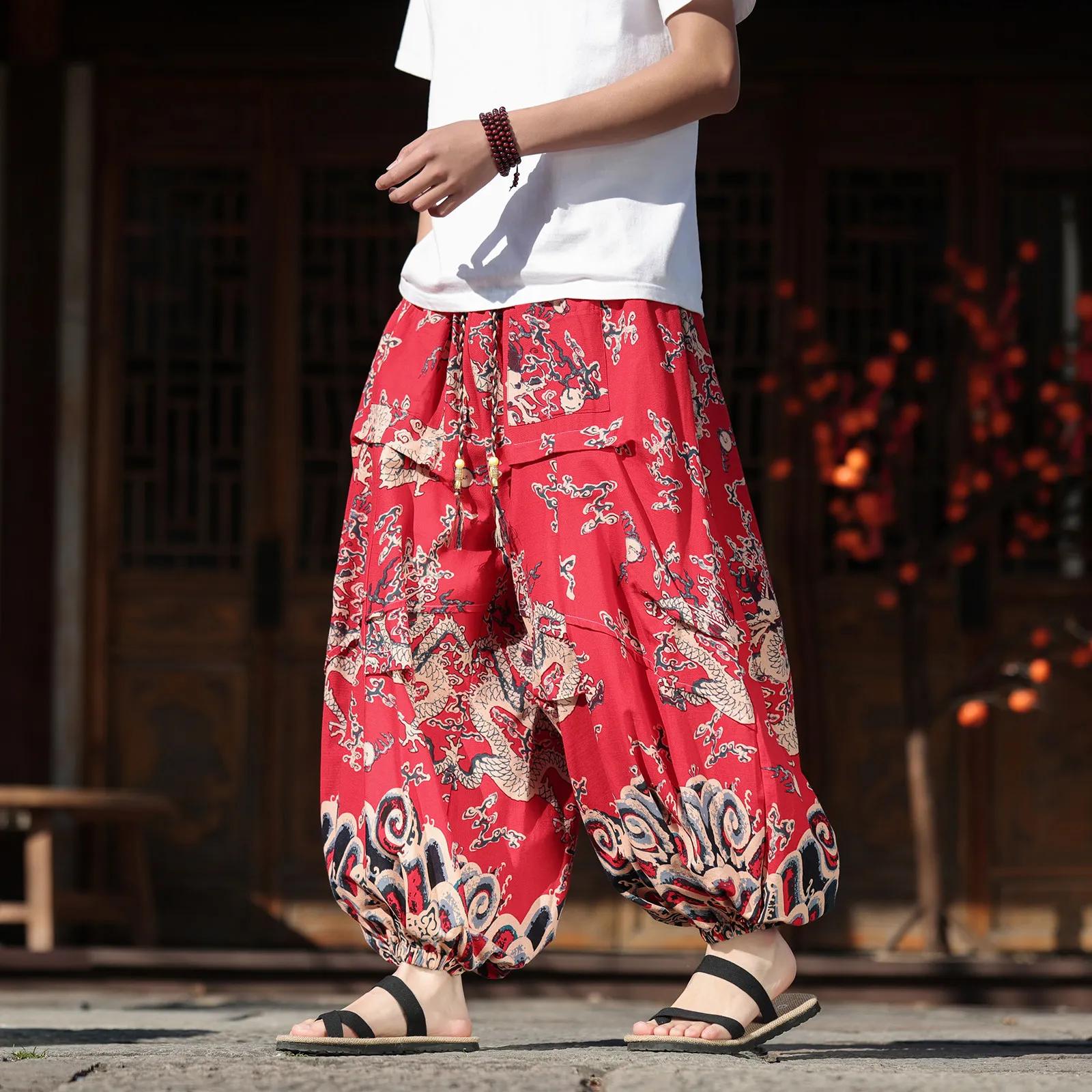 

Мужские свободные брюки из хлопка весна-лето, мужские брюки с принтом дракона, свободные повседневные брюки-клеш, мужские винтажные легкие брюки-фонарики 7XL