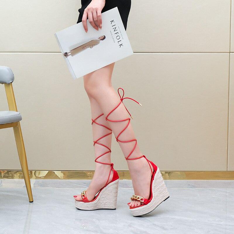 

LTARTA женские сандалии с плетеным пеньковым ремешком и металлической пряжкой, туфли на танкетке, серия 10363, каблук 14 см, платформа 4 см LFD 43 красный