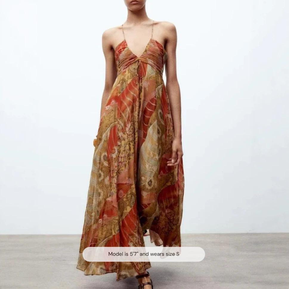 Women's V Neck Sleeveless Spaghetti Strap Midi Dress Slim Fit Mid Rise Sexy Bohemian Printed A Line Dress