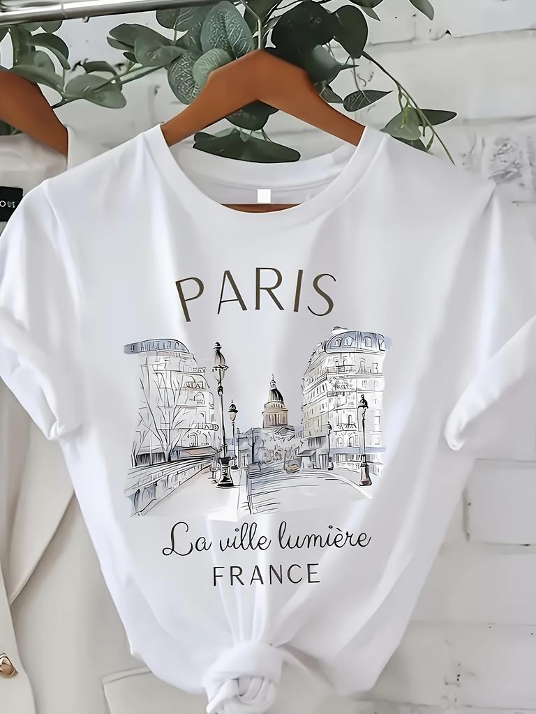Women's Paris Print Crew Neck T-Shirt  Casual Loose Fit Short Sleeve Top with Eiffel Tower  French Lettering Design Minimalist