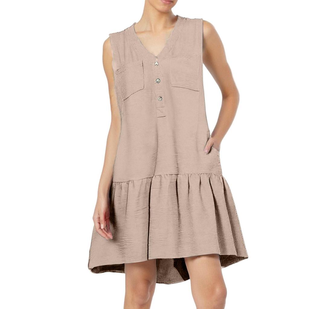 Women's Fashion Casual Sleeveless V-Neck Button Solid Color Dresses