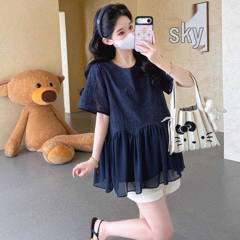 Maternity Summer 2026 Korean Style Embroidered Chiffon Doll Shirt and Belly Support Shorts Set