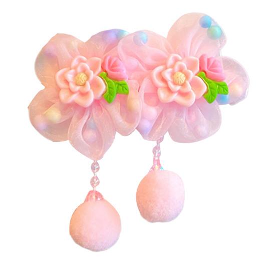 Hair Tie Soft Organza Flower Shape Hair Rope with Plush Tassels Imitation Pearls Decor High Elastic Band Bun Holder Hair Accessories