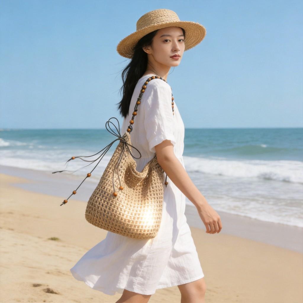 Woven Shoulder Bag With Magnetic Closure For Casual Travel And Beach Vacation
