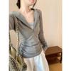 Women's Korean-Style Grey Two-Piece Look Hooded Cropped Long-Sleeve T-Shirt with Slim Fit Fleece Inner Layer for Spring/Autumn